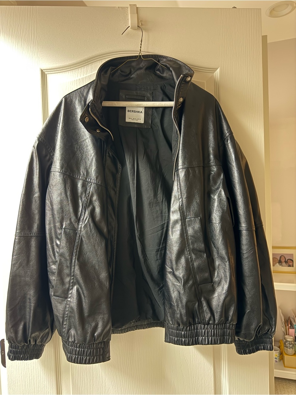 Bershka women’s Black Faux Leather Bomber Jacket